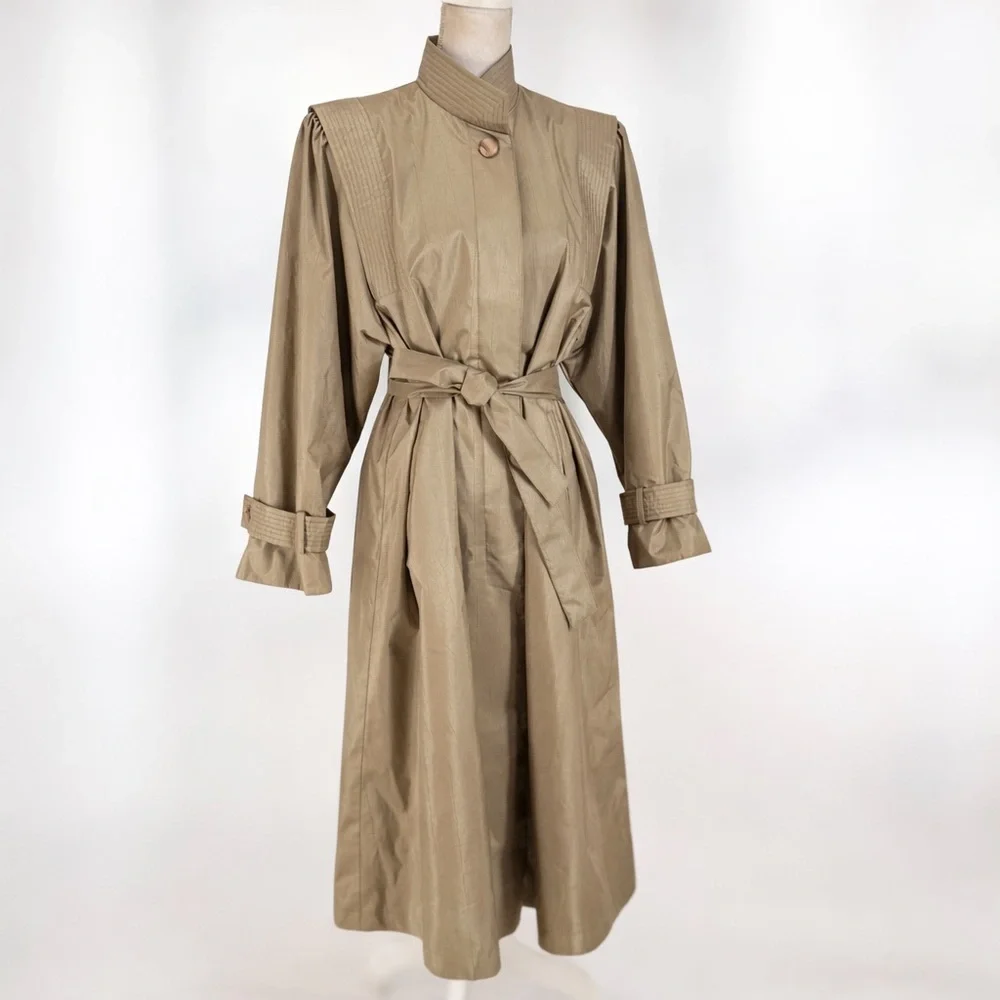 Cambridge Vintage Trench Coat Womens 12 Petite Sage Green Belted Lined‎ 80s